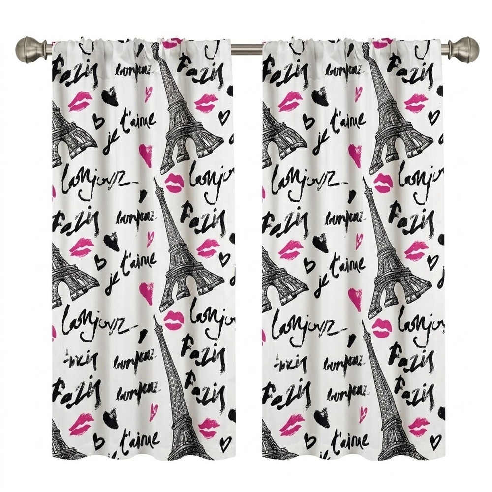 Ambesonne Paris Eiffel Tower Curtains 2 Panel Set White Pink Black 56x84 NEW